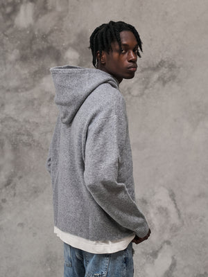 FLUFFY KNIT EMBLEM HOODIE - GREY MARL