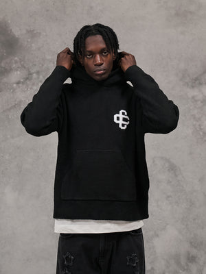 FLUFFY KNIT EMBLEM HOODIE - BLACK