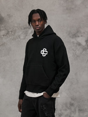 FLUFFY KNIT EMBLEM HOODIE - BLACK