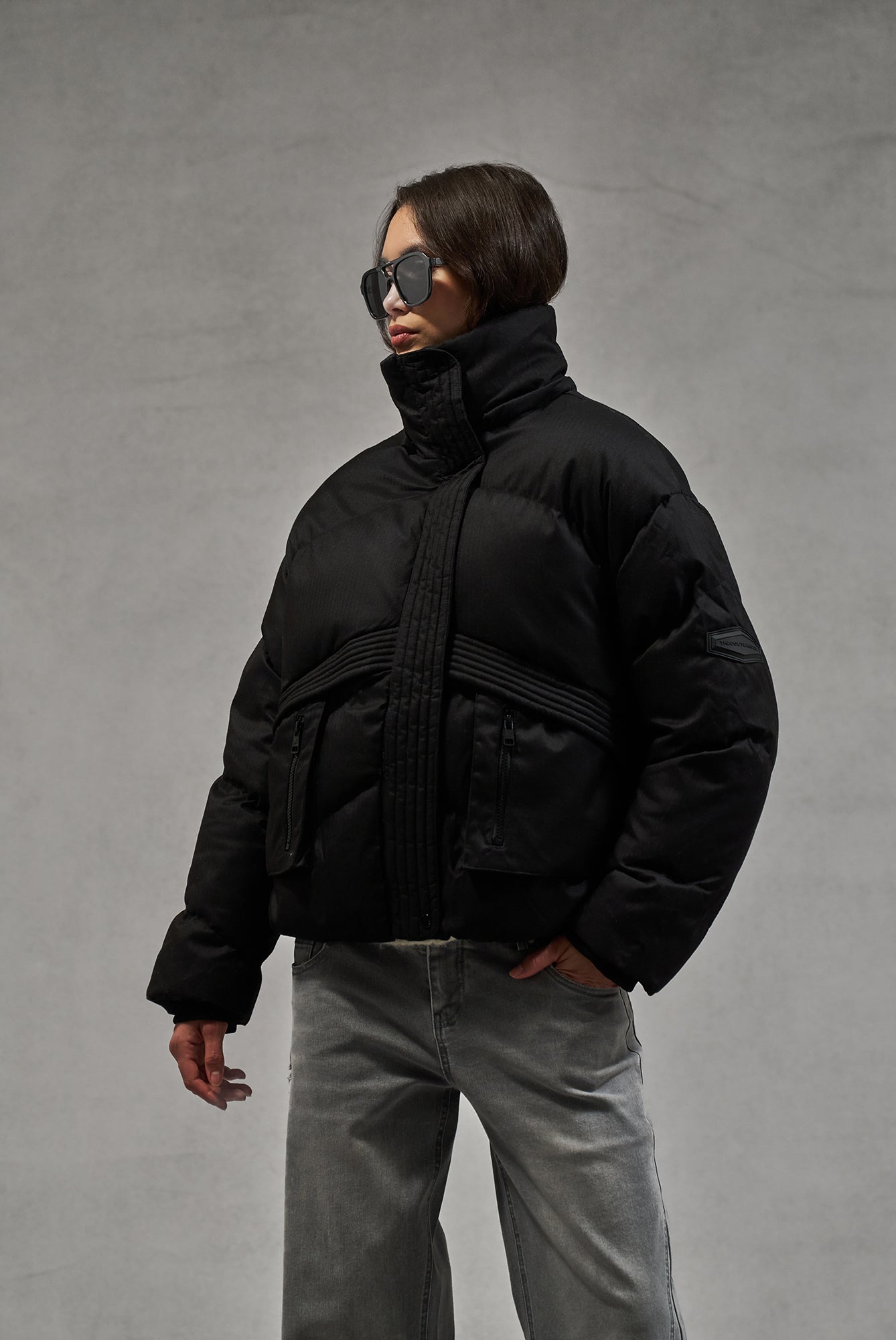 OVERSIZED TIE HEM PUFFER JACKET BLACK The Couture Club