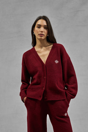 FLUFFY KNIT EMBLEM CARDIGAN - BURGUNDY