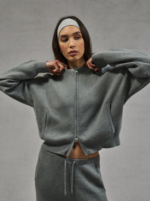 COLLARLESS KNITTED ZIP THROUGH BOMBER - GREY MARL