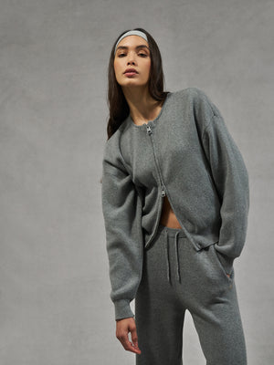 COLLARLESS KNITTED ZIP THROUGH BOMBER - GREY MARL