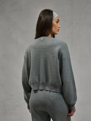 COLLARLESS KNITTED ZIP THROUGH BOMBER - GREY MARL