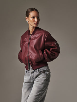 SHOULDER PADDED FAUX LEATHER BOMBER JACKET - DEEP RED