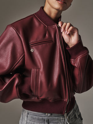 SHOULDER PADDED FAUX LEATHER BOMBER JACKET - DEEP RED