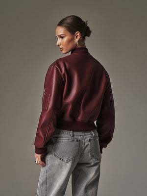 SHOULDER PADDED FAUX LEATHER BOMBER JACKET - DEEP RED