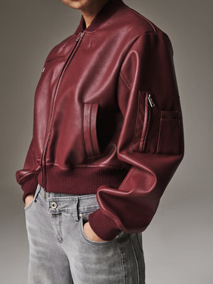 SHOULDER PADDED FAUX LEATHER BOMBER JACKET - DEEP RED