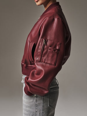 SHOULDER PADDED FAUX LEATHER BOMBER JACKET - DEEP RED