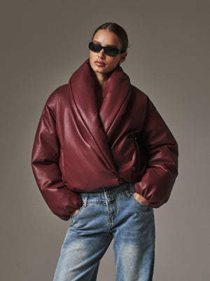 OVERSIZED COLLAR FAUX LEATHER PUFFER COAT - BURGUNDY