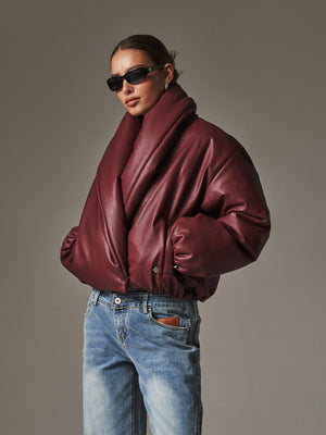 OVERSIZED COLLAR FAUX LEATHER PUFFER COAT - BURGUNDY