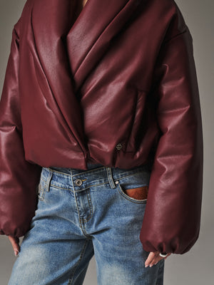 OVERSIZED COLLAR FAUX LEATHER PUFFER COAT - BURGUNDY