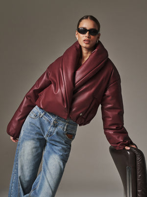 OVERSIZED COLLAR FAUX LEATHER PUFFER COAT - BURGUNDY