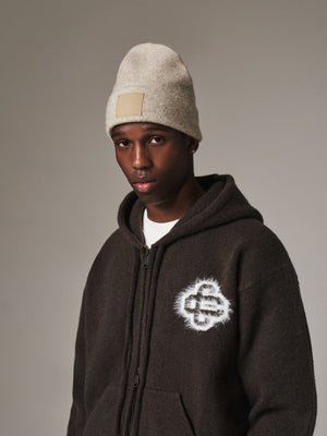 FLUFFY EMBLEM ZIP THROUGH KNITTED HOODIE - BROWN