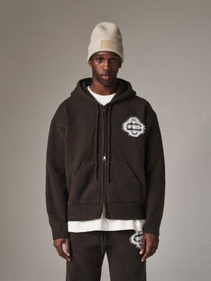 FLUFFY EMBLEM ZIP THROUGH KNITTED HOODIE - BROWN