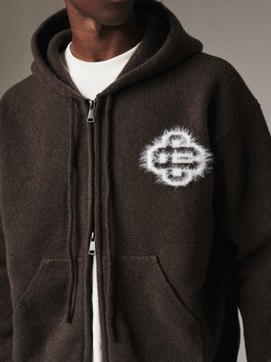 FLUFFY EMBLEM ZIP THROUGH KNITTED HOODIE - BROWN