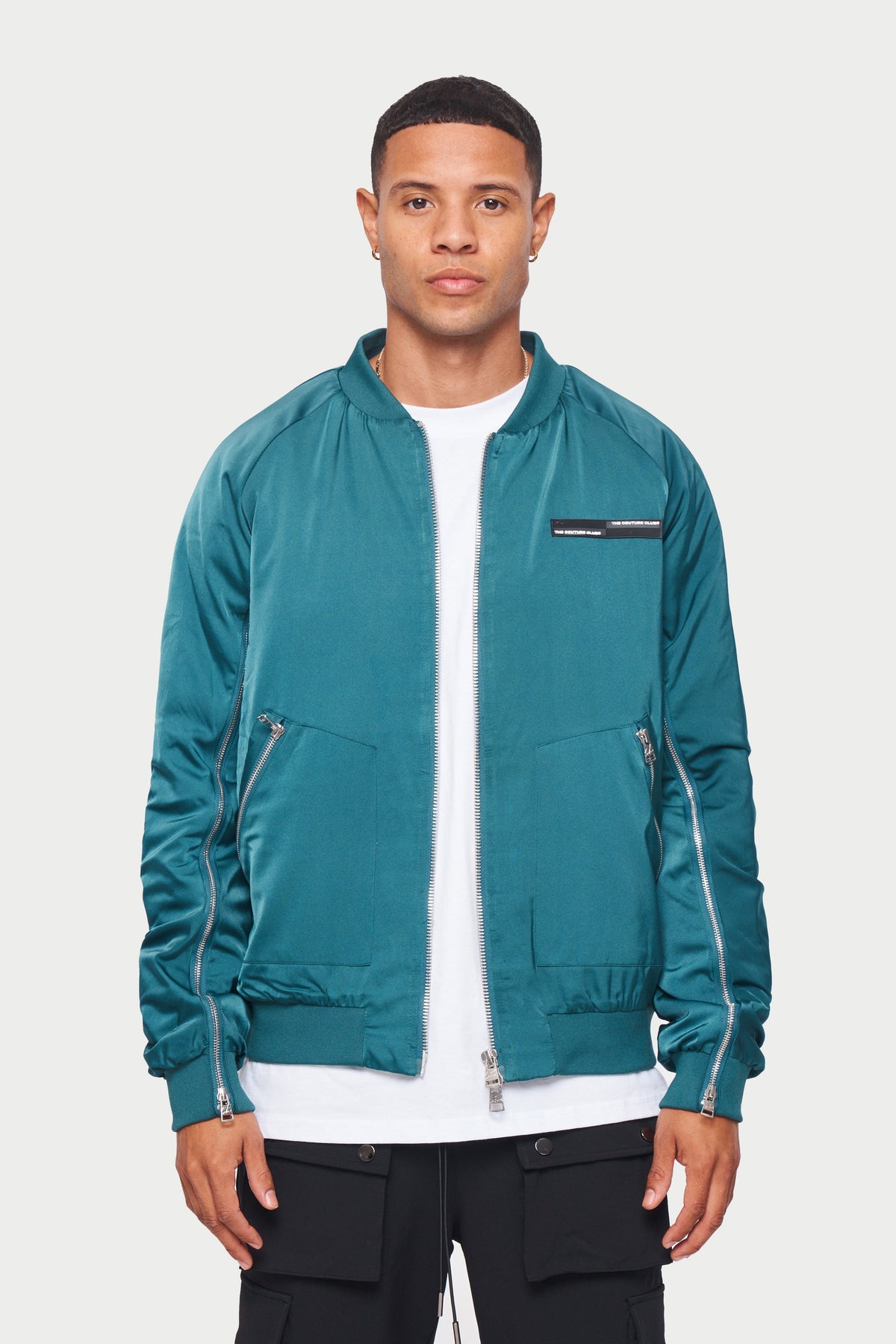 The Couture Club Satin Bomber Jacket in Teal Blue with Ruched Sleeve Detail