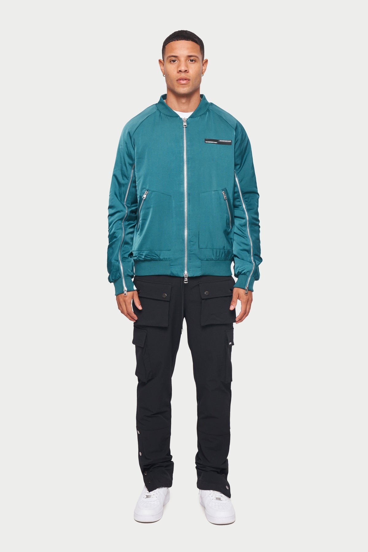 The Couture Club Satin Bomber Jacket in Teal Blue with Ruched Sleeve Detail