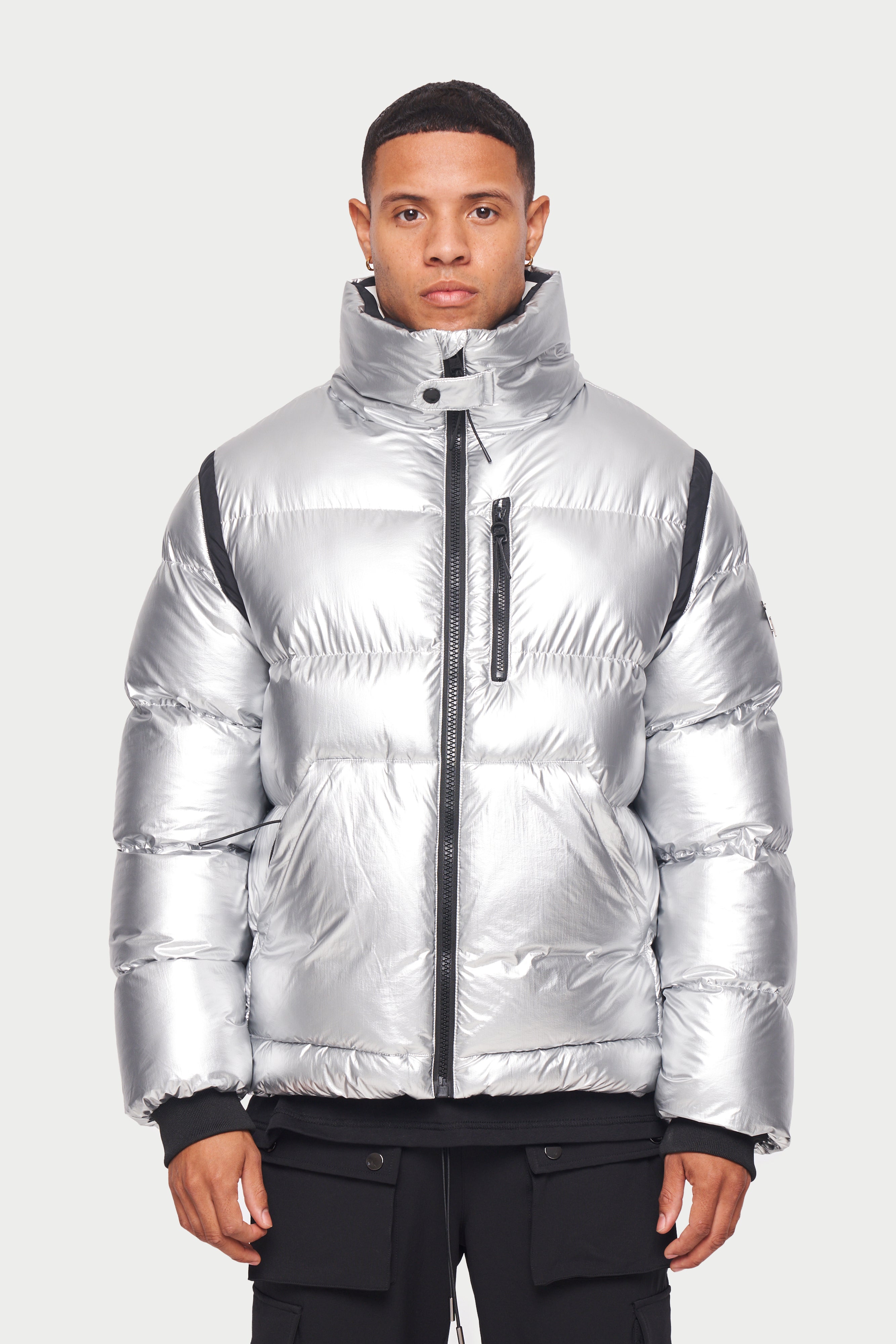 Metallic silver puffer on sale jacket