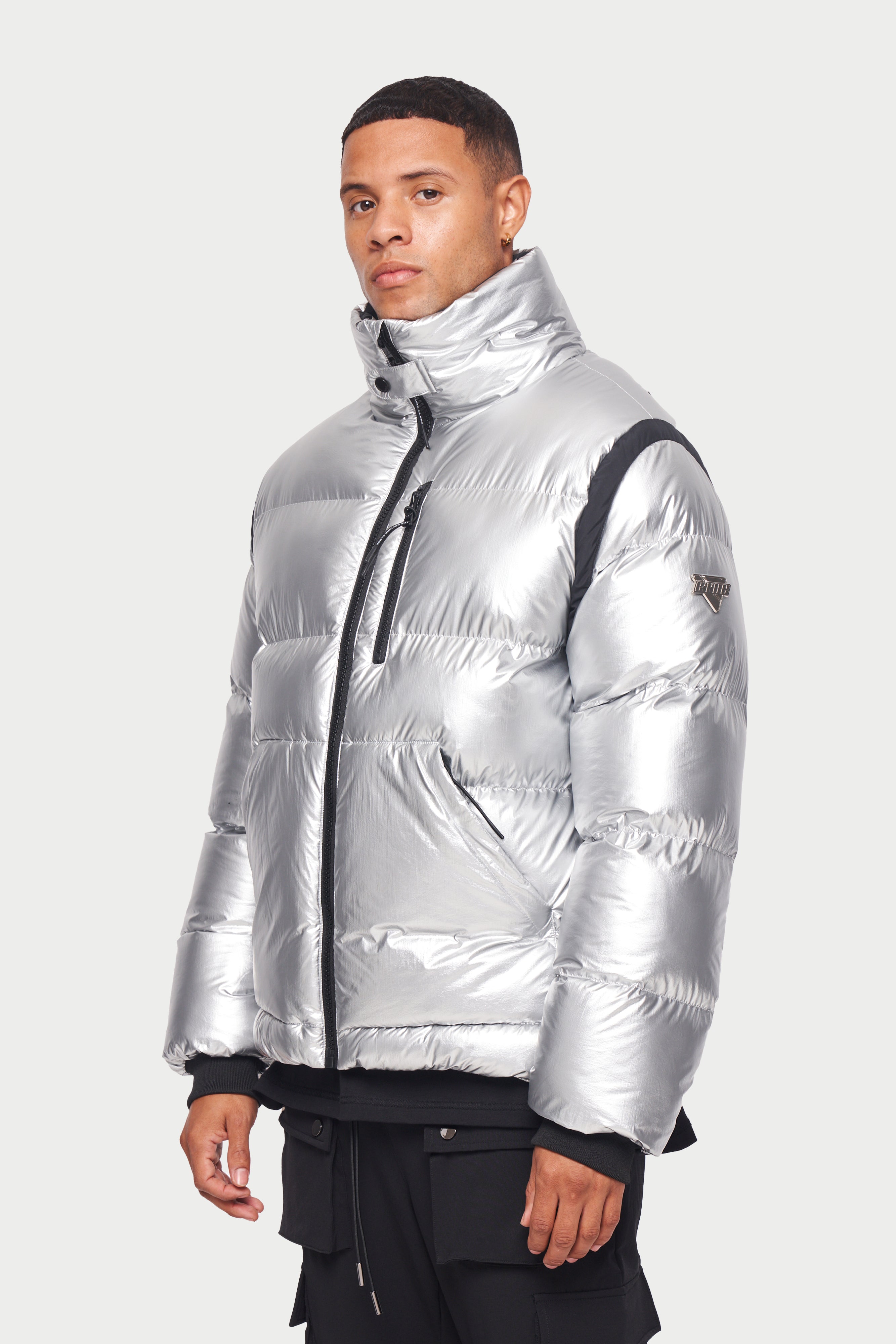 Metallic silver store bubble coat