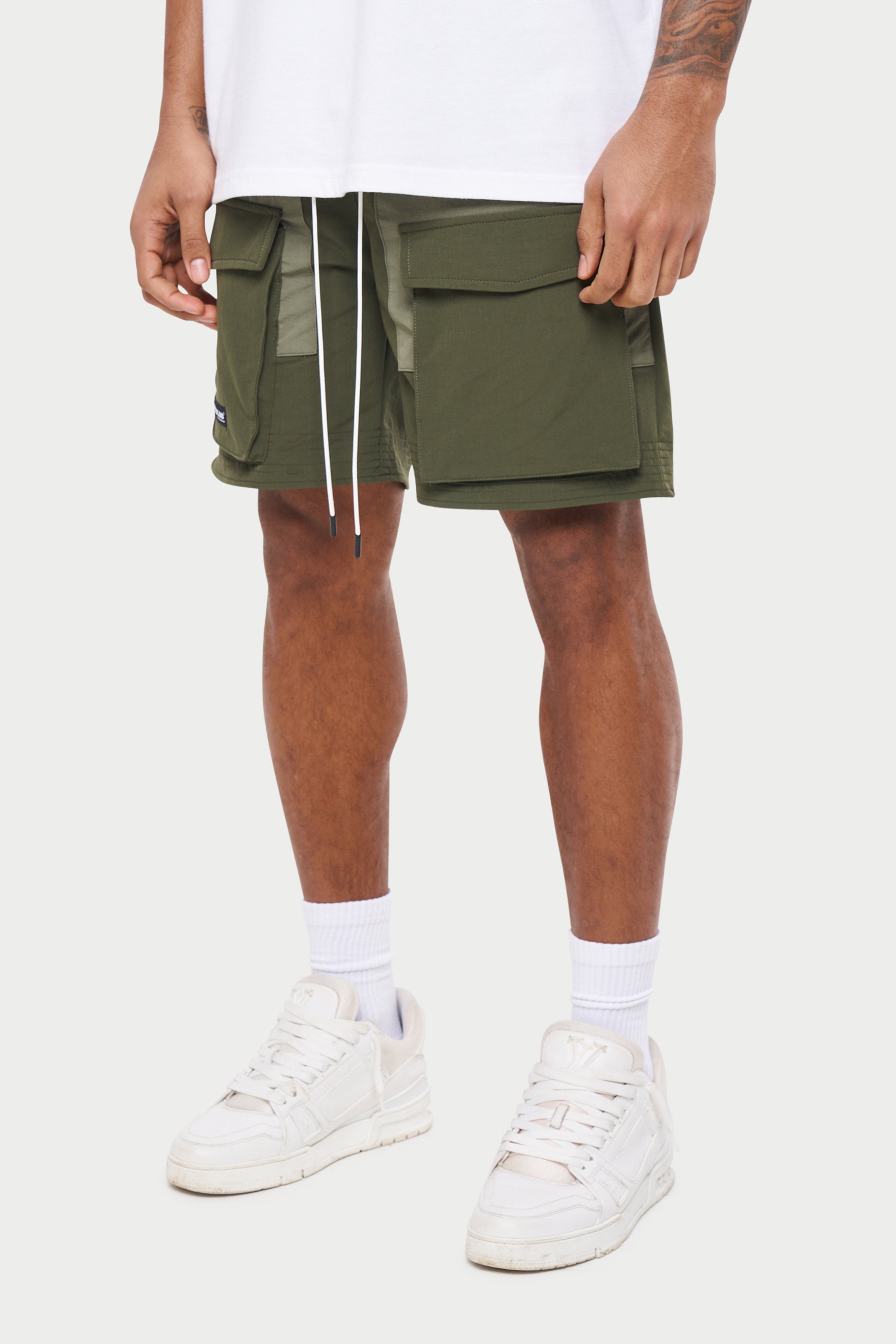 PANELLED CARGO SHORTS - KHAKI – The Couture Club