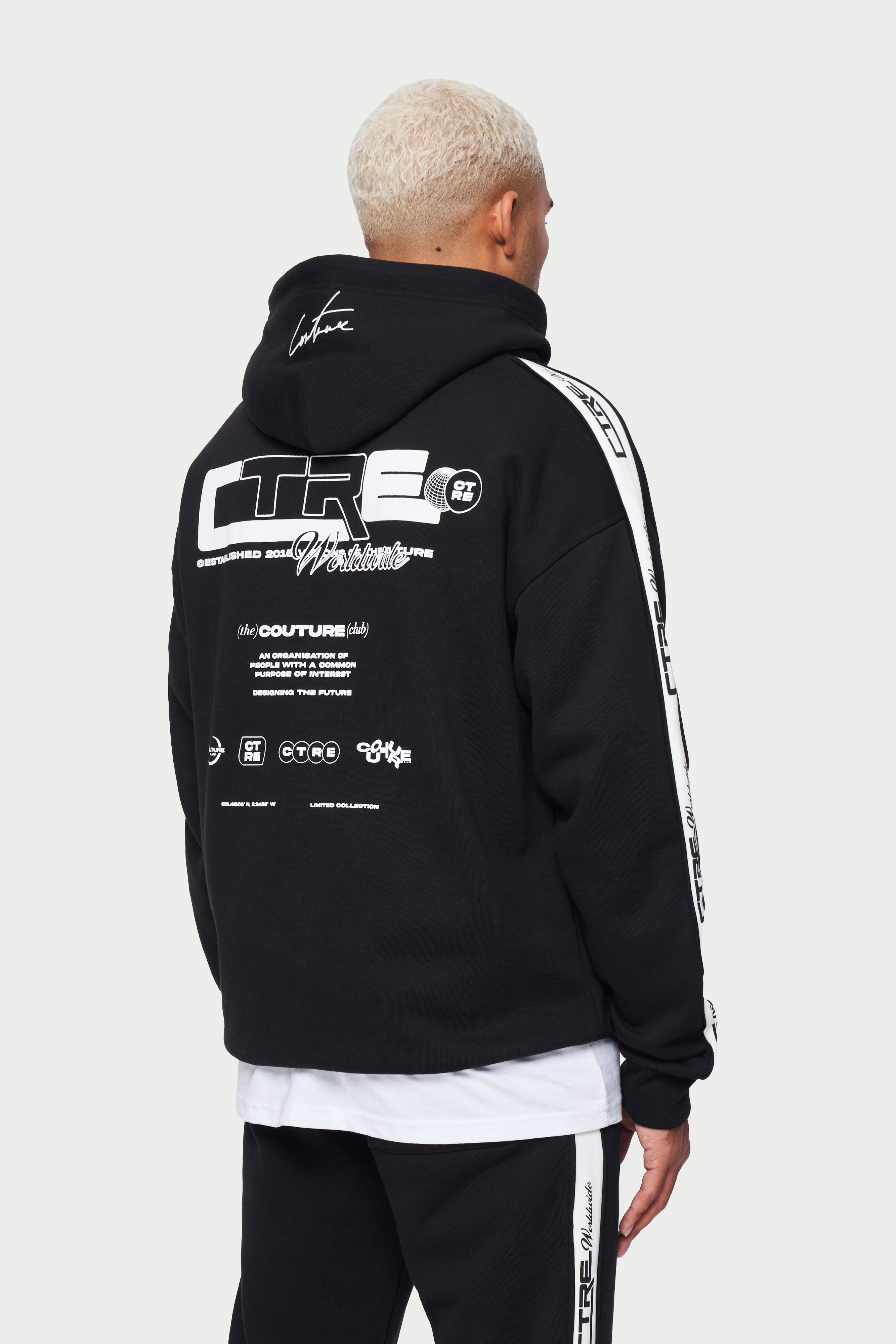 Black Racer Back Print Tape Detail Hoodie The Couture Club