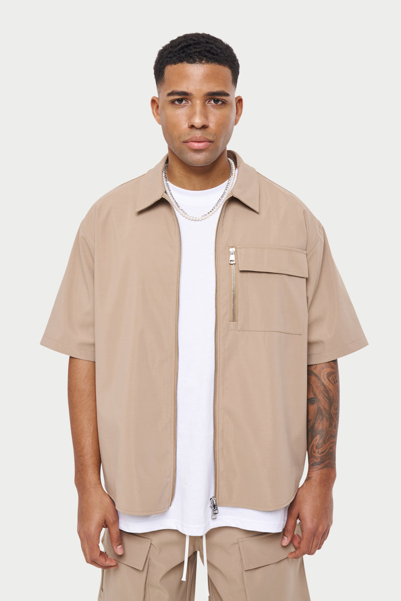 TECHNICAL HEAVYWEIGHT ZIP OVERSHIRT - BEIGE – The Couture Club