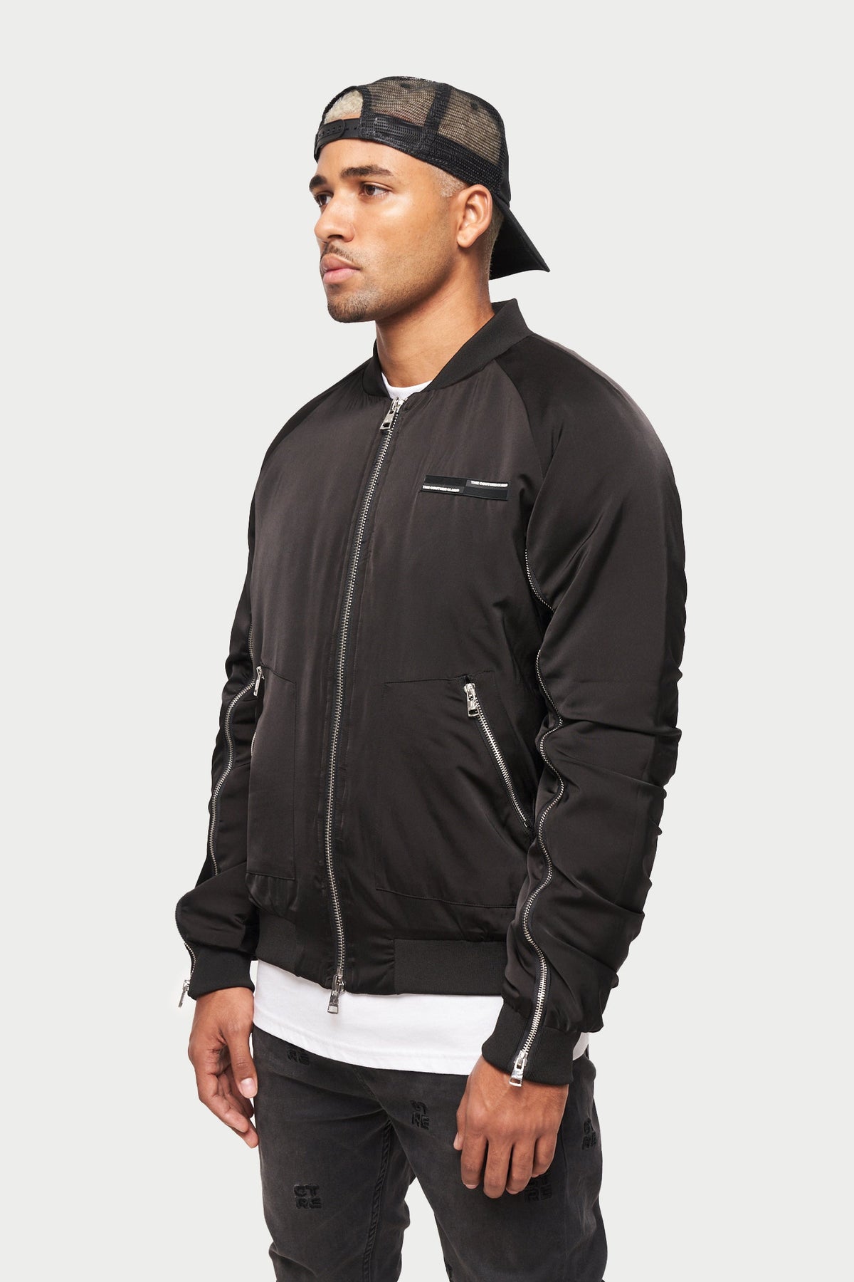 The Couture Club Satin Bomber Jacket with Varsity Badging in Black