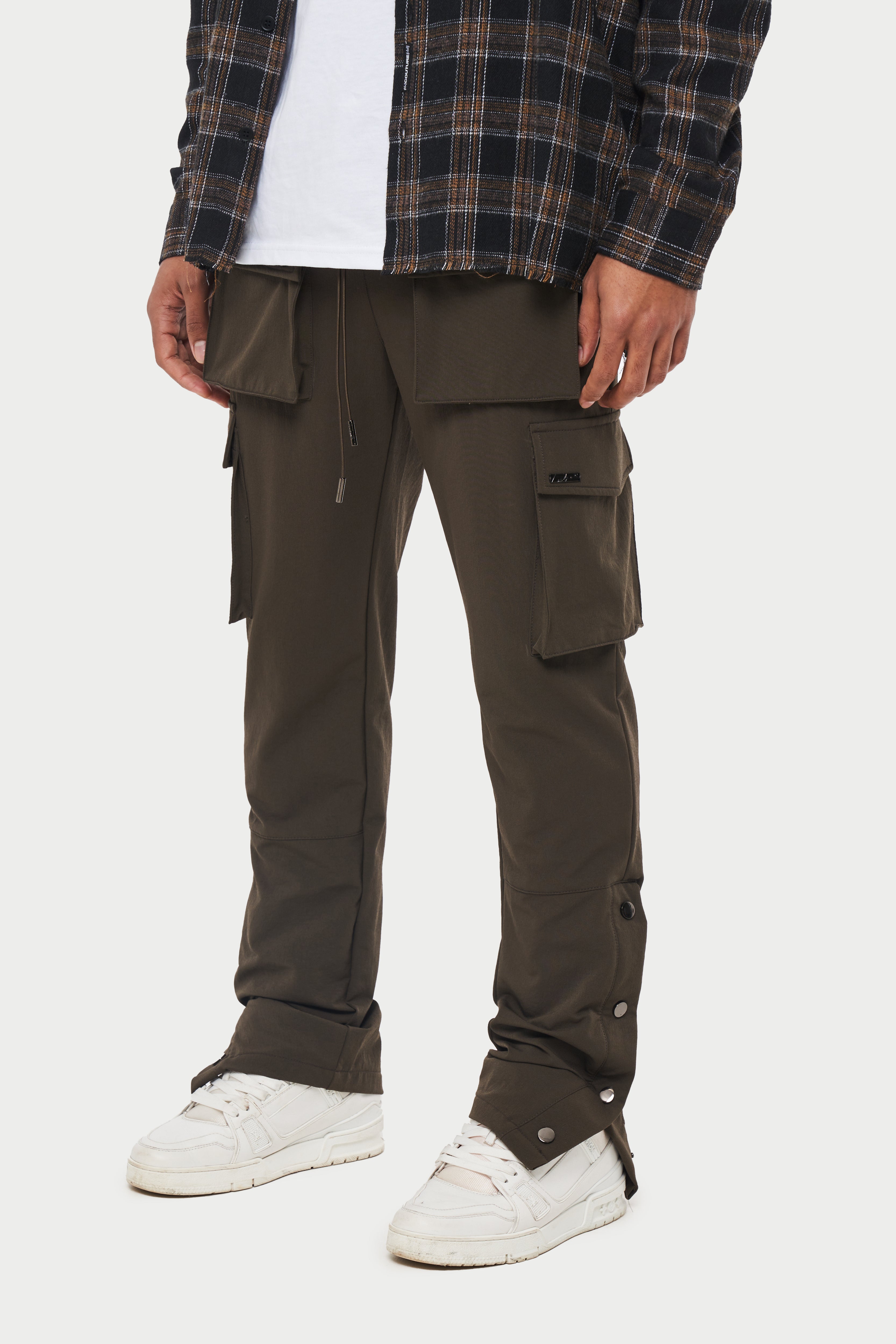 Mocha Technical Stretch Popper Detail Cargo Pants | The Couture Club