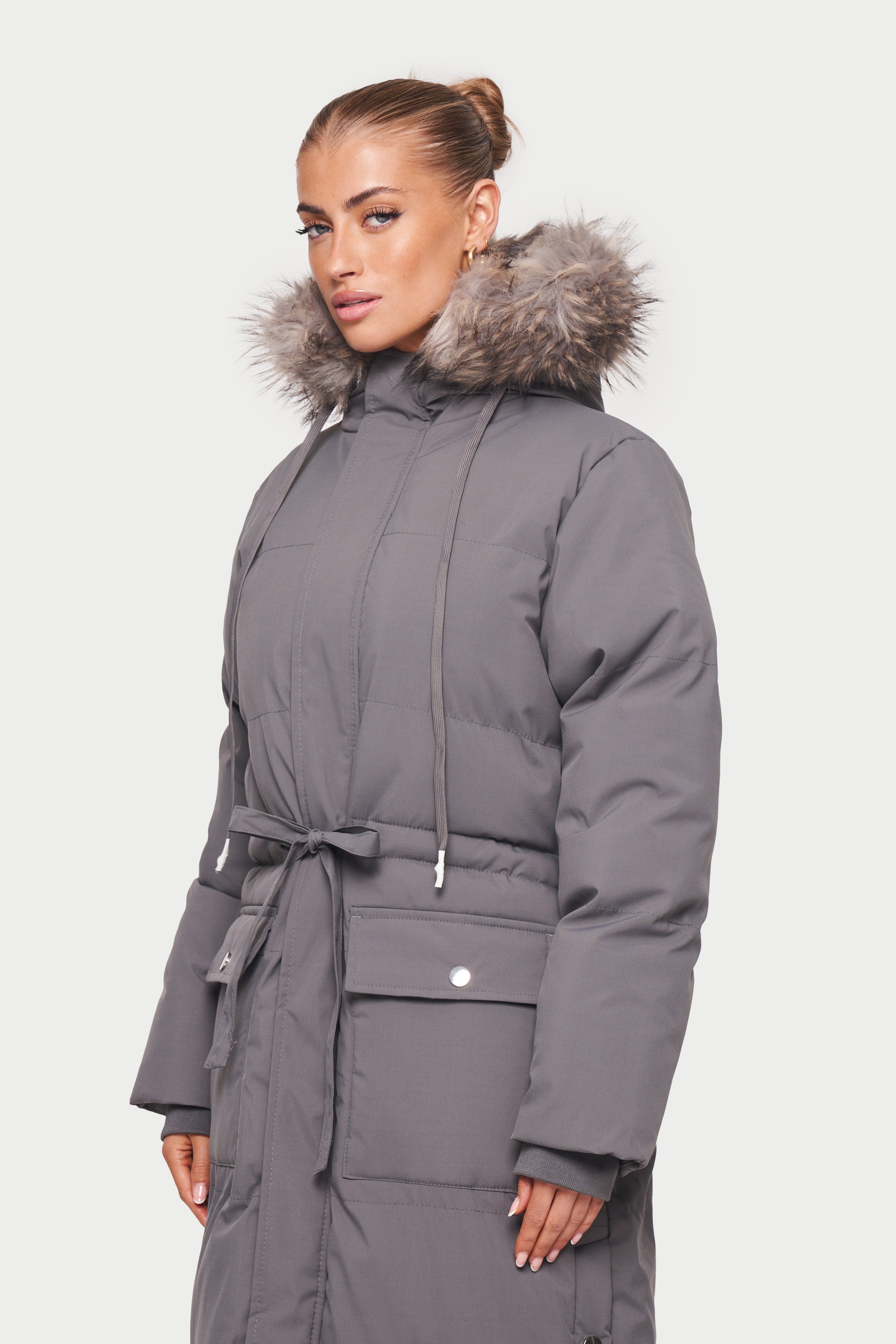 FUR LONGLINE HOODED PARKA GREY The Couture Club