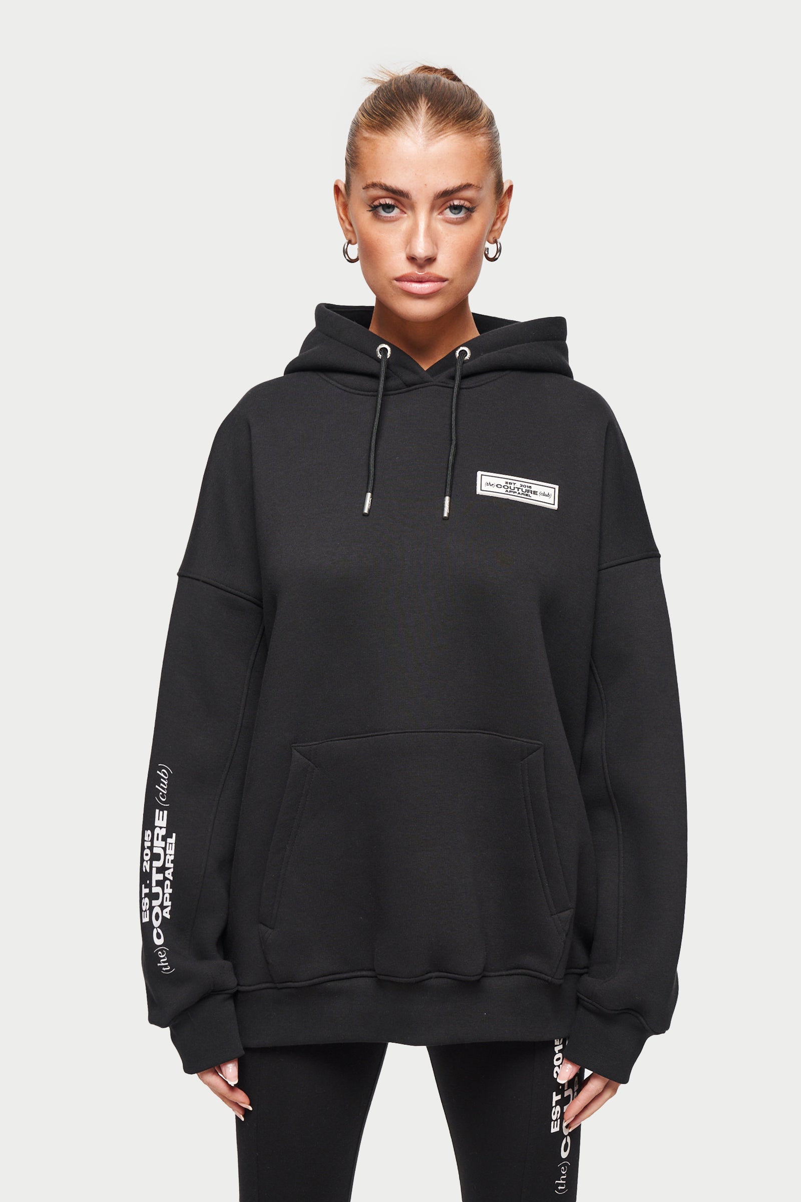 Black Badged Logo Fleece Oversized Hoodie The Couture Club