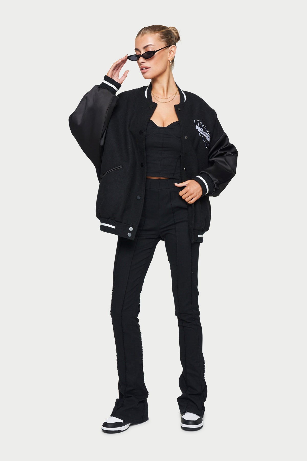 The Couture Club Satin Bomber Jacket with Varsity Badging in Black