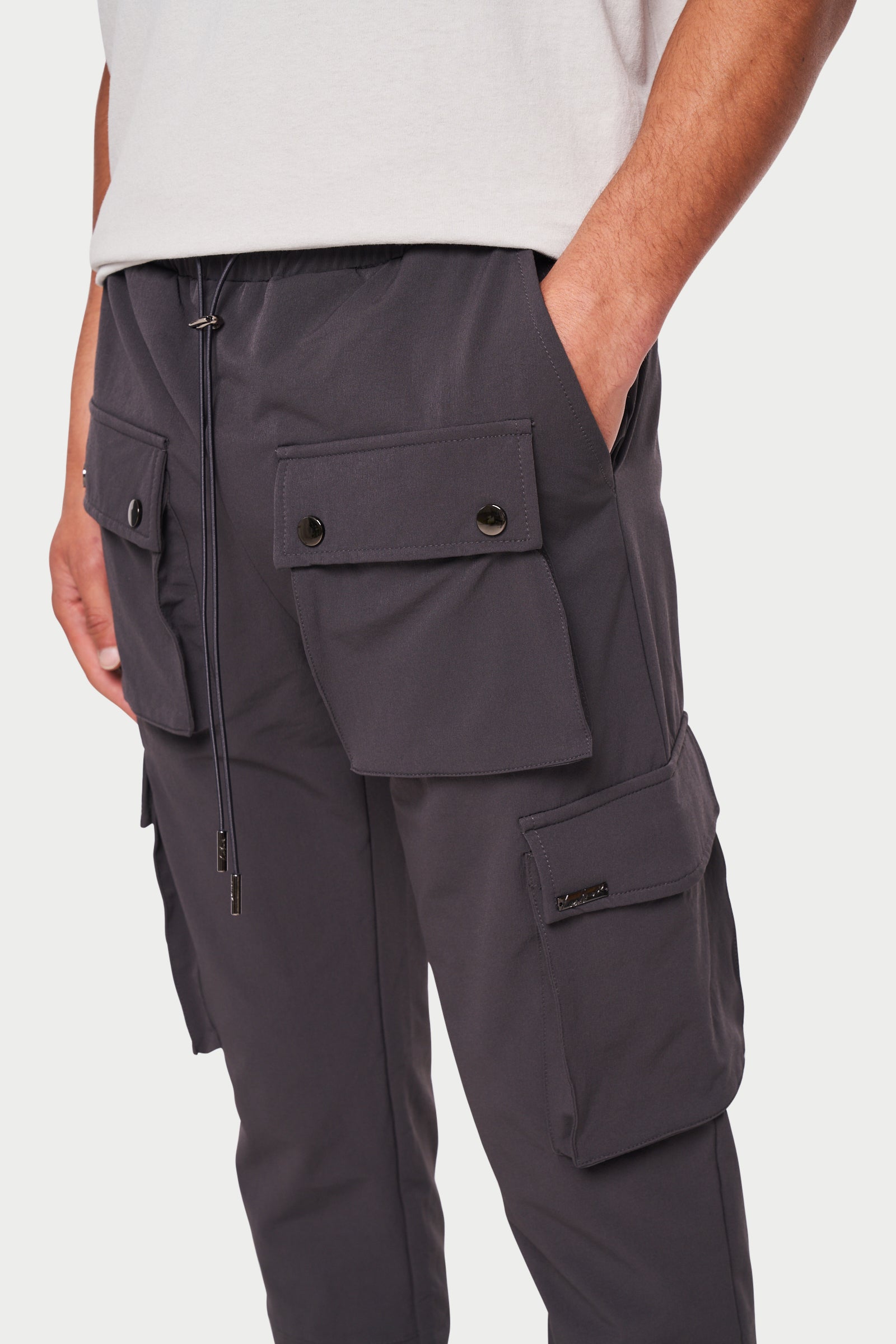 Charcoal Technical Stretch Zip Cargo Pants | The Couture Club